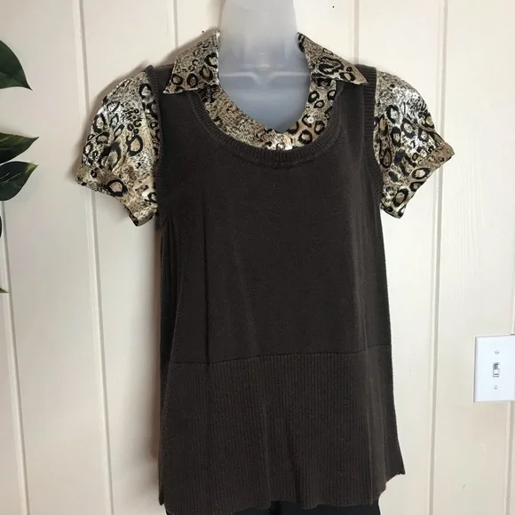 AGB Brown & Cheetah Animal Print Blouse 
Size Large 10 - 12
55% Ramie 45% Cotton - Picture 9 of 12